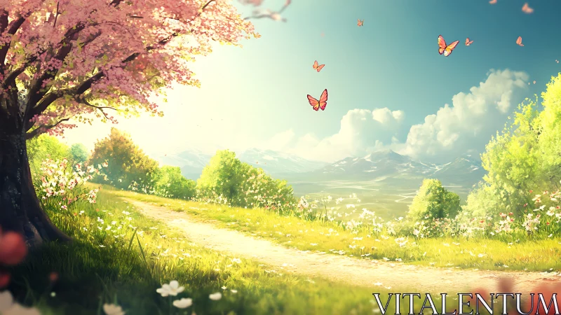 Spring path under blushing blossoms and drifting butterflies.