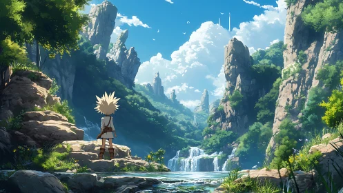 Young adventurer gazes over lush canyon waterfalls in awe.