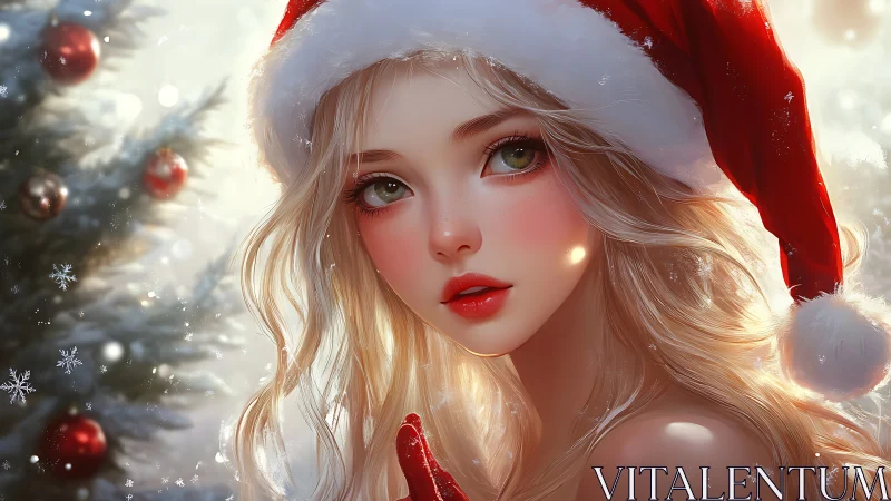 Christmas girl in red Santa hat amid glowing snow