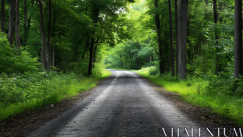 Tree-lined gravel path with recessive perspective and dense canopy illumination