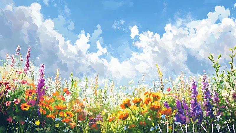 Digital painting of wildflower meadow under luminous summer sky.