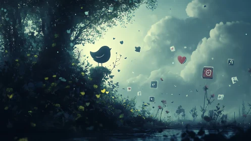 Whimsical forest songbird summoning drifting social icons.