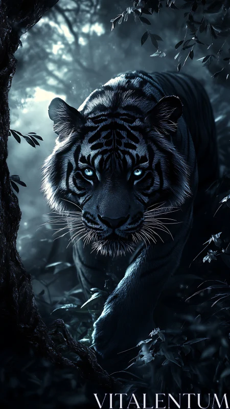 Midnight tiger stalks shadowed forest path in moonlight.