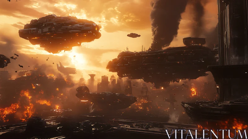 Orbital dreadnoughts above a burning future megacity skyline.