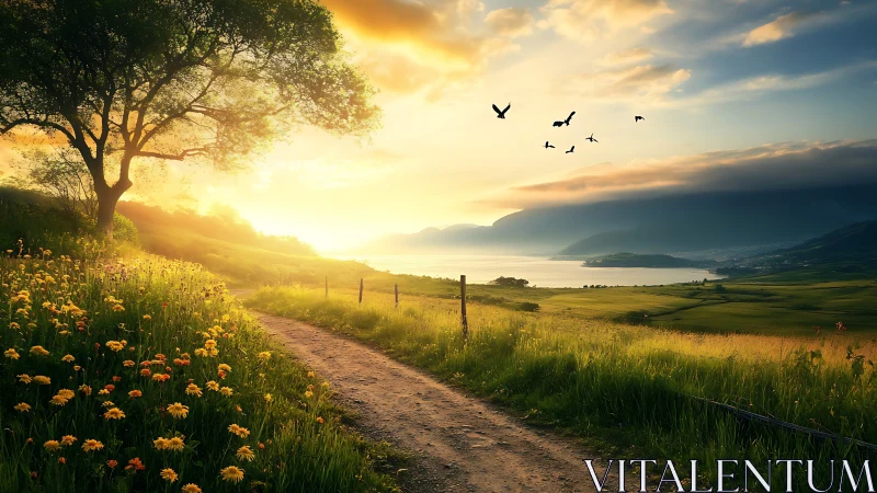 Sunlit country path beside wildflowers and distant lake.