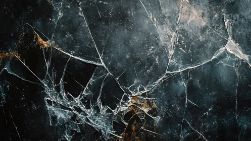 Fractured glass surface displays intersecting cracks and stress