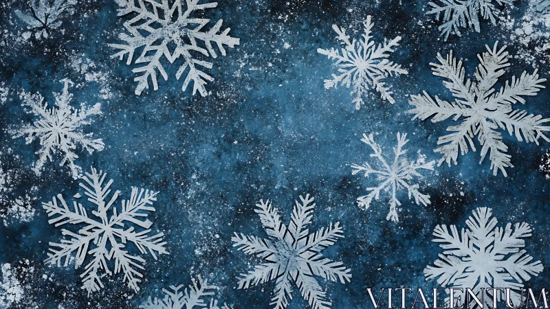 White paper snowflakes on textured blue winter background.
