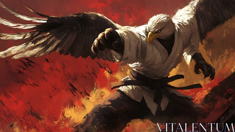 Martial eagle warrior executes dynamic punch over burning ground