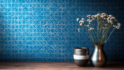 Metallic vase with white flowers against blue geometric wall.