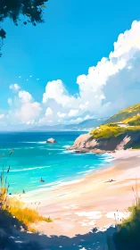 Sunlit cove unfurls turquoise waves beneath cloud towers.