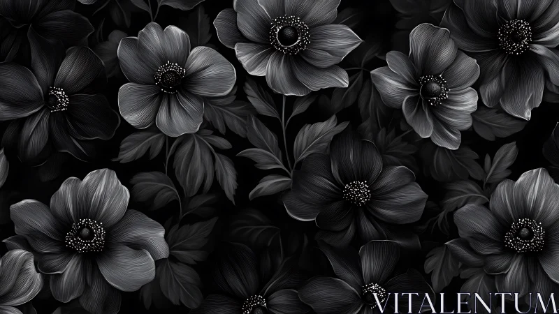Monochrome floral pattern with dark layered petals bloom.