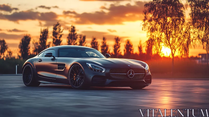 Midnight coupe glides through ember-lit sunset boulevard.