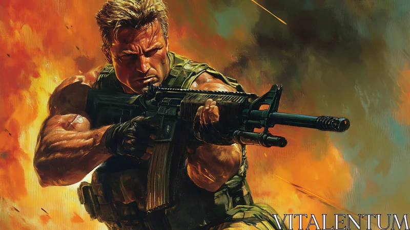 Fierce action hero charges forward through blazing chaos