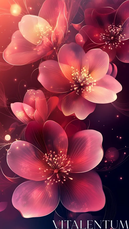 Luminescent Floral Geometry: Radiant Pink Petals with Golden Particle Emissions.