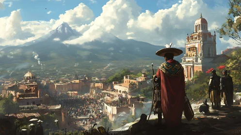 Digital painting of volcanic cityscape and ceremonial overlook.