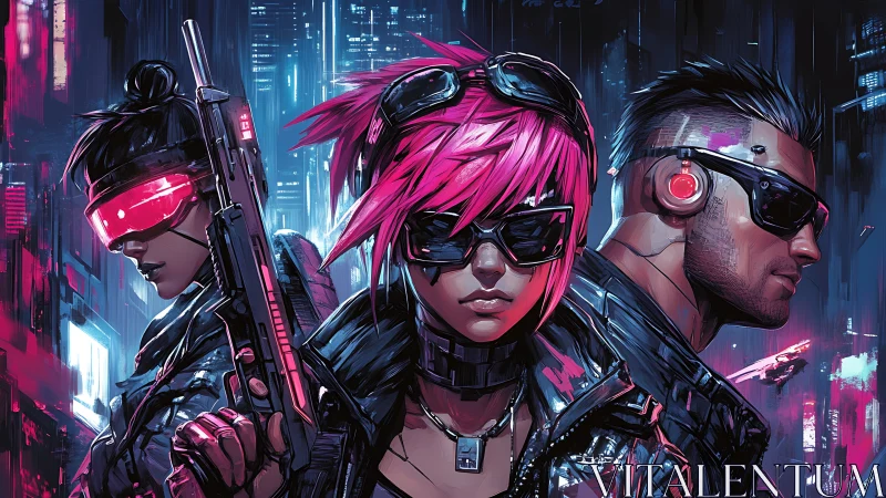 Neon cyberpunk trio stands united in a rain soaked megacity