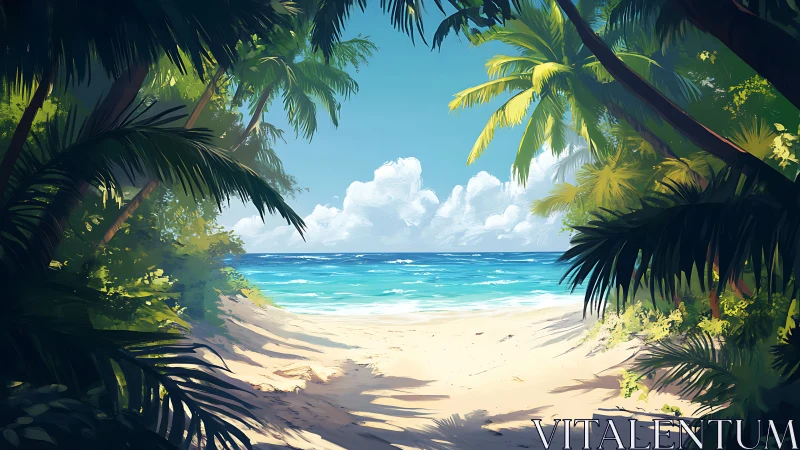 Tropical Paradise Gateway: Palms Frame Beach Dream.