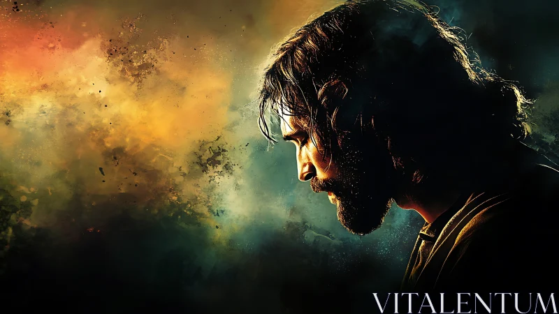 Brooding male profile against abstract color field background.