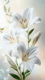 White Lilies with Extended Stamens Against Soft Luminous Background.