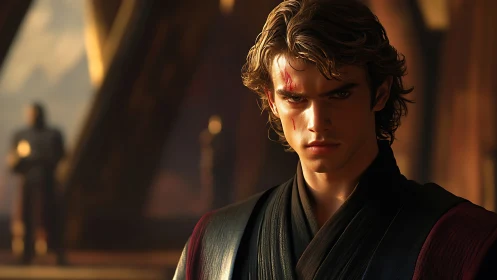 Scarred young warrior studies shadowed hall in silence.