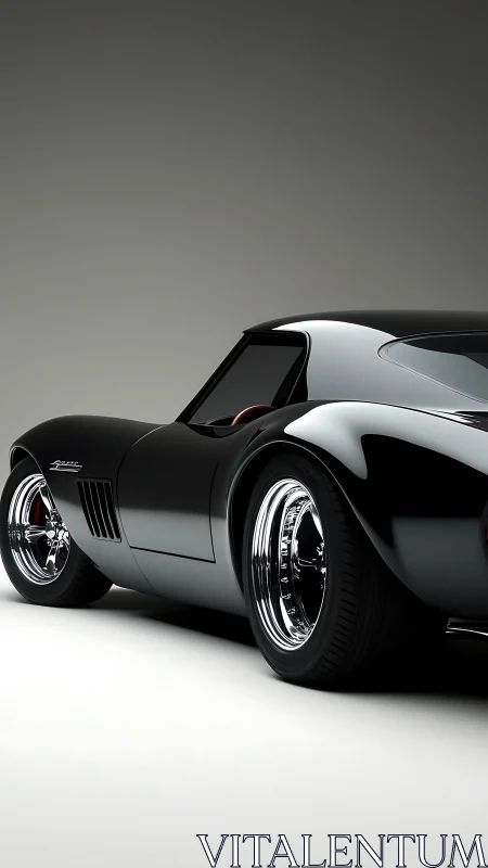 Low-angle studio render of black classic fastback sports coupe