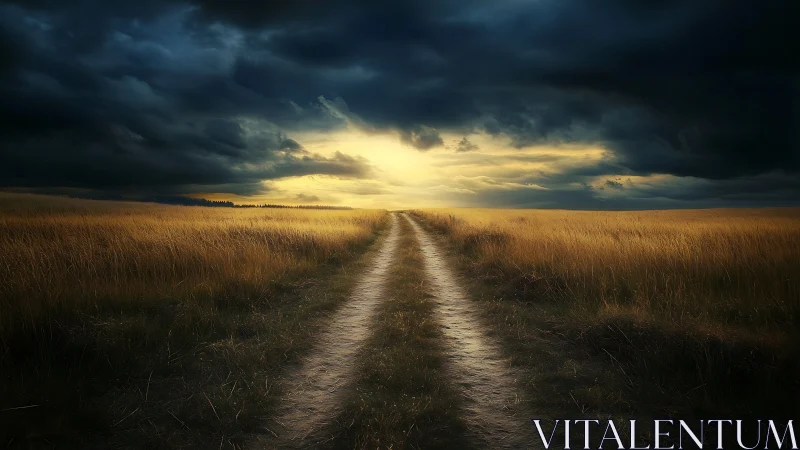 Dirt road cuts golden field under dramatic storm light