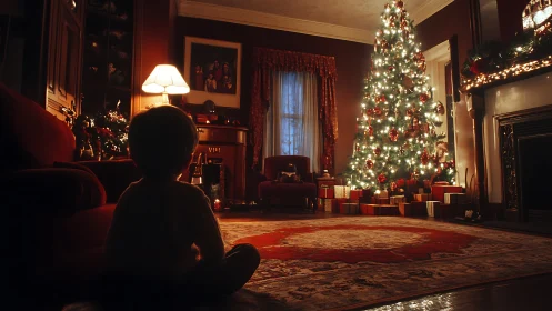 Child silhouetted before illuminated Christmas tree in warm parlor