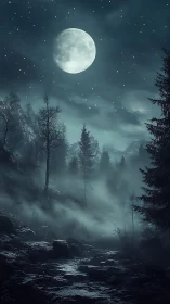 Full moon over mist-laden forest trail at nightfall.