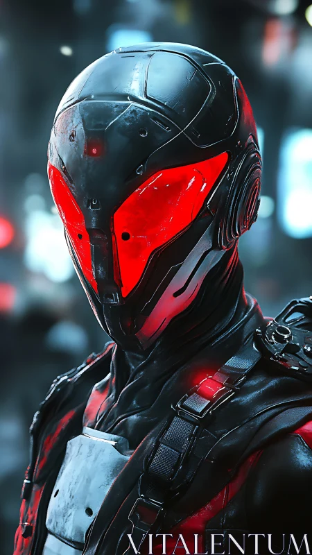 Armored cybernetic operative stands in neon haze, visor ablaze