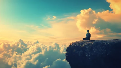 Solitary figure meditates above clouds at glowing sunrise.