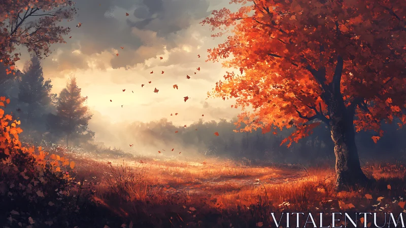 Autumn maple dominates misty meadow under warm sunrise light