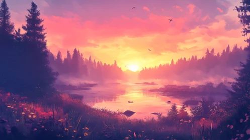 Vivid sunset over calm forest lake with misty shoreline.