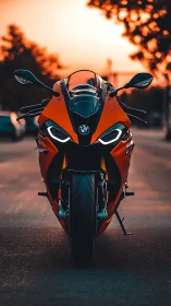 Sport motorcycle front portrait under cinematic sunset glow.