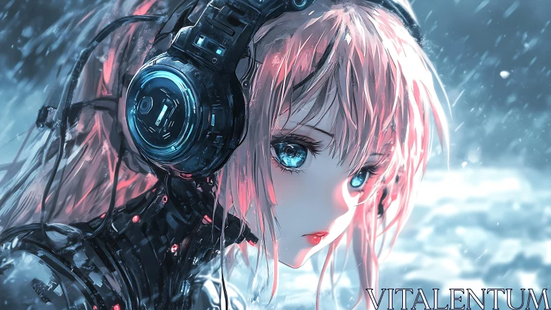 Soft eyed android girl listens quietly in the winter storm