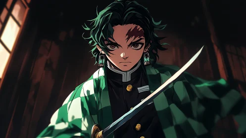 Blade-lit resolve of a cloaked anime swordsman in shadowed hall.