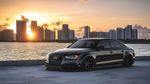 Sleek black Audi sedan glows against a dramatic city sunset.