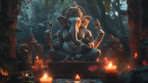 Majestic Ganesha idol illuminated by temple candlelight glow.
