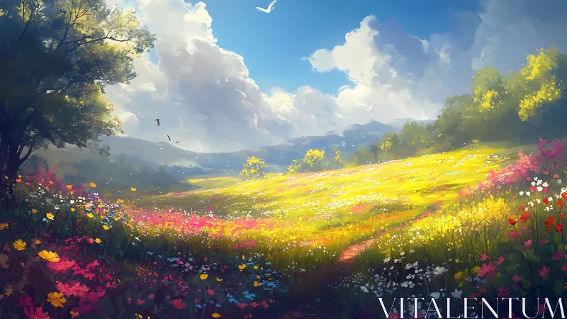 Luminous wildflower meadow under volumetric cloudlit sky.