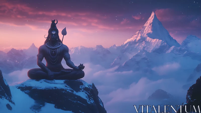 Seated mountain deity statue above snow and distant peaks.