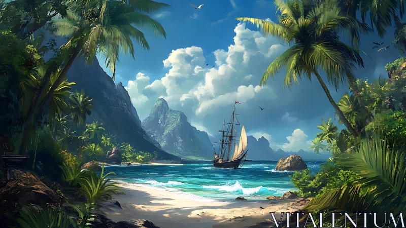 Tropical Island Cove with Sailboat and Mountain Vista