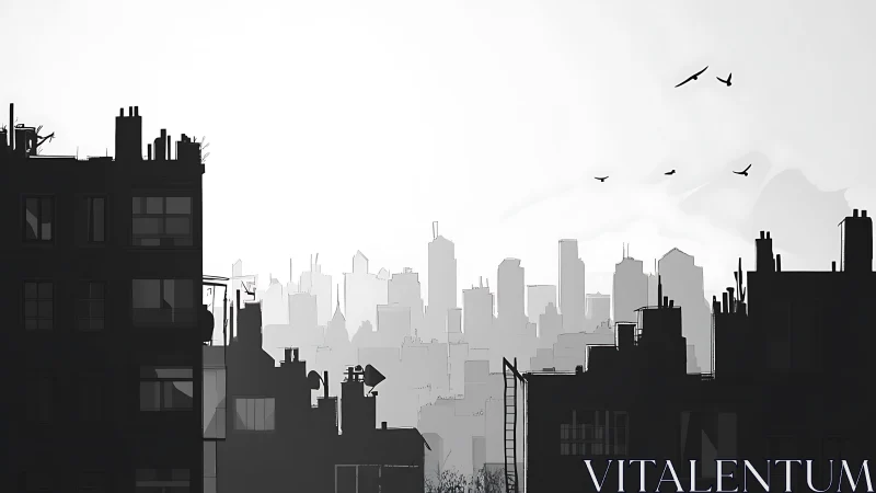 Monochrome urban skyline layers with silhouetted rooftops at dawn.