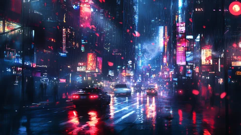 Neon rainstorm drapes a cyberpunk avenue in electric glow.