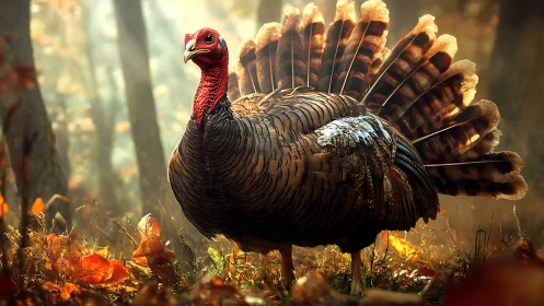 Wild turkey stands in glowing autumn forest light.