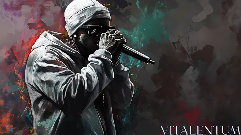Digital portrait of hooded rapper performing with microphone.