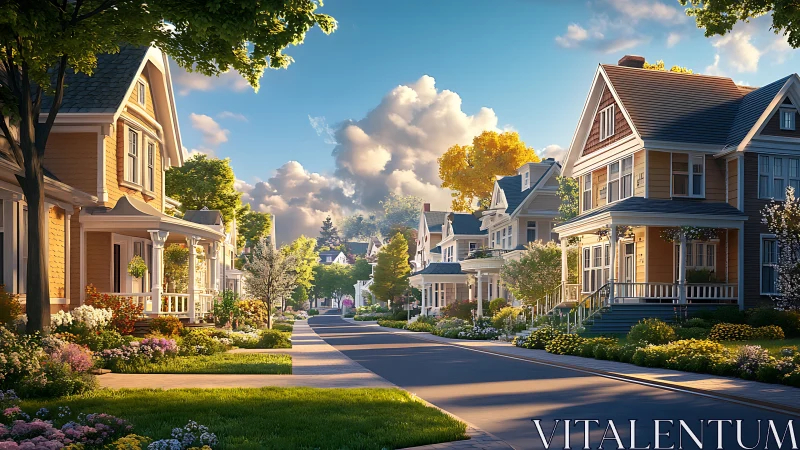 Tree-lined suburban street shows detached homes and gardens