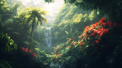 Tropical Jungle Canyon with Waterfall and Red Flowers.