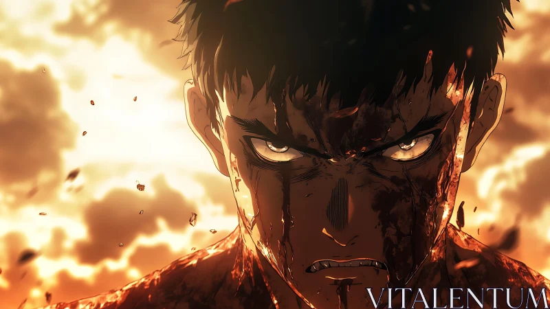 Bloody anime warrior stares forward against burning sky