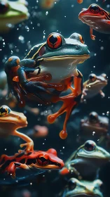 Vibrant poison dart frogs in cinematic underwater suspension.