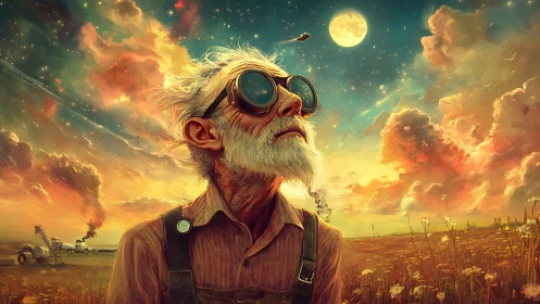 Elderly dreamer in goggles gazes toward a glowing cosmic sky.