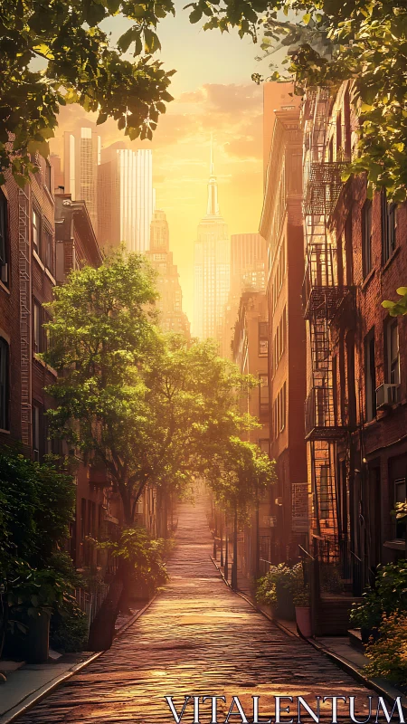 Sunlit cobblestone alley leads toward glowing city skyline.